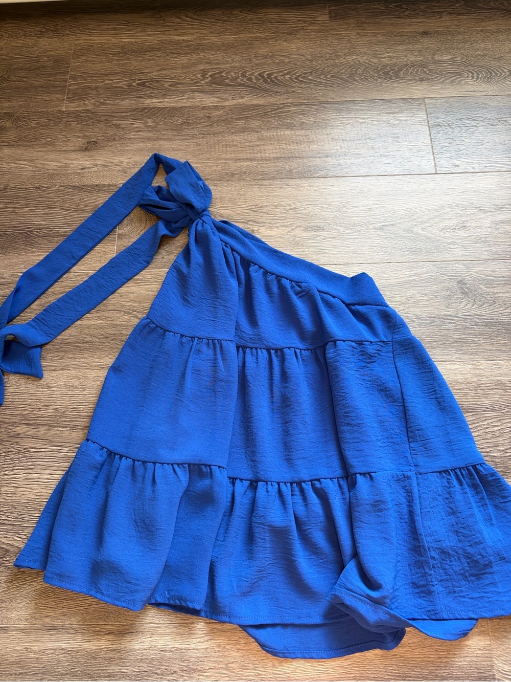 eesome Royal Blue One-Shoulder Tiered Top with Tie Strap